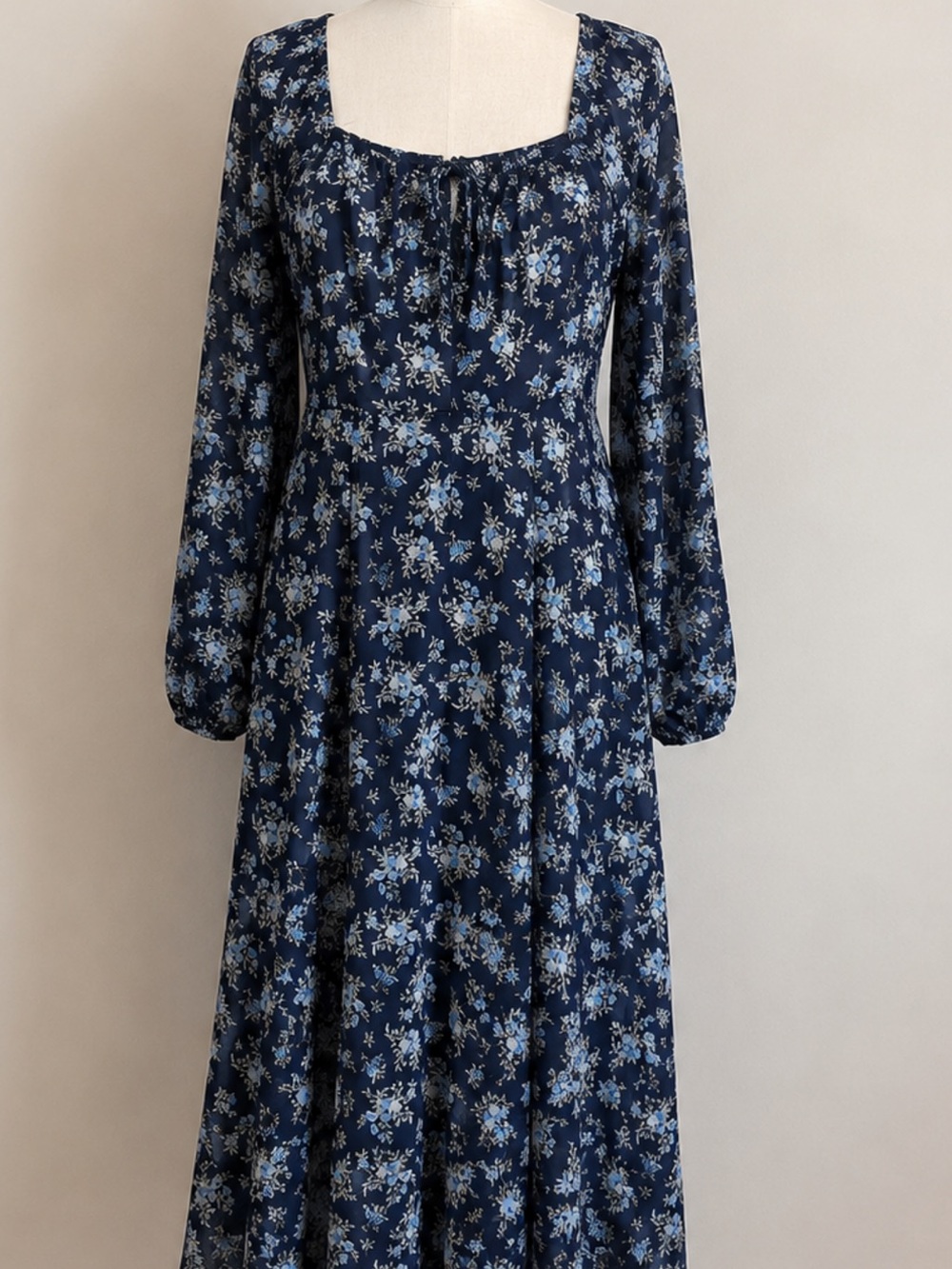 Square-Neck Navy Floral Maxi Dress with Long Sleeves